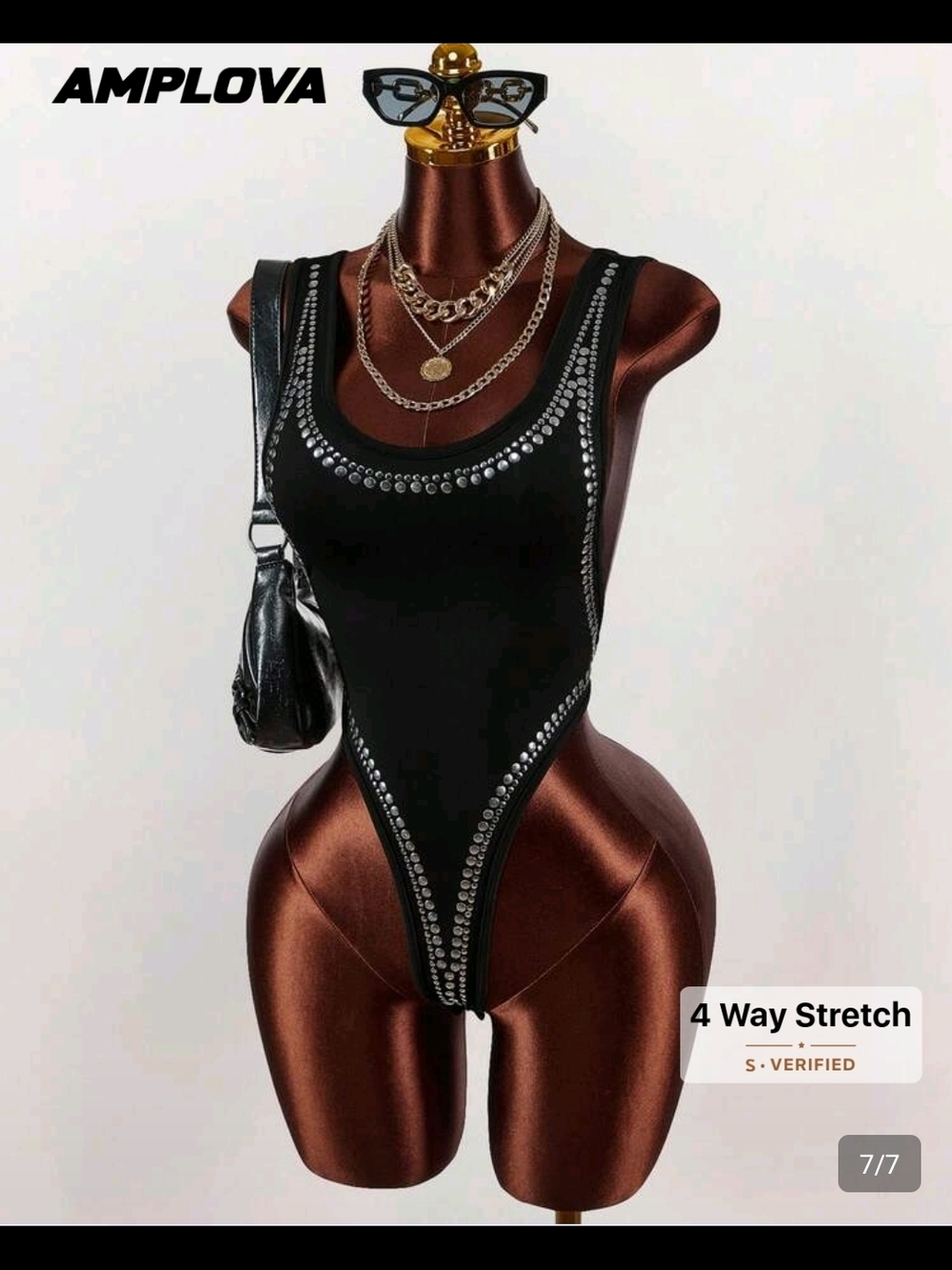 Amplova Women's Black Studded Scoop Neck Bodysuit